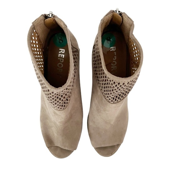 Report Barnack Ankle Booties Women's Size 8 Grey Tan Open Toe Laser Cut Heel Zip - Picture 3 of 10